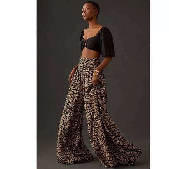 Athropologie High Rise Wide Leg Leopard Pant Pockets Size 14 - Picture 2 of 9